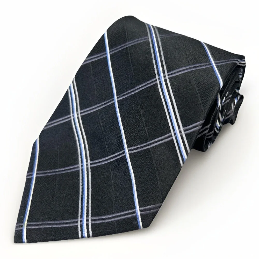 Jones New York Silk Tie Black Blue Gray Plaid Windowpane Woven 59